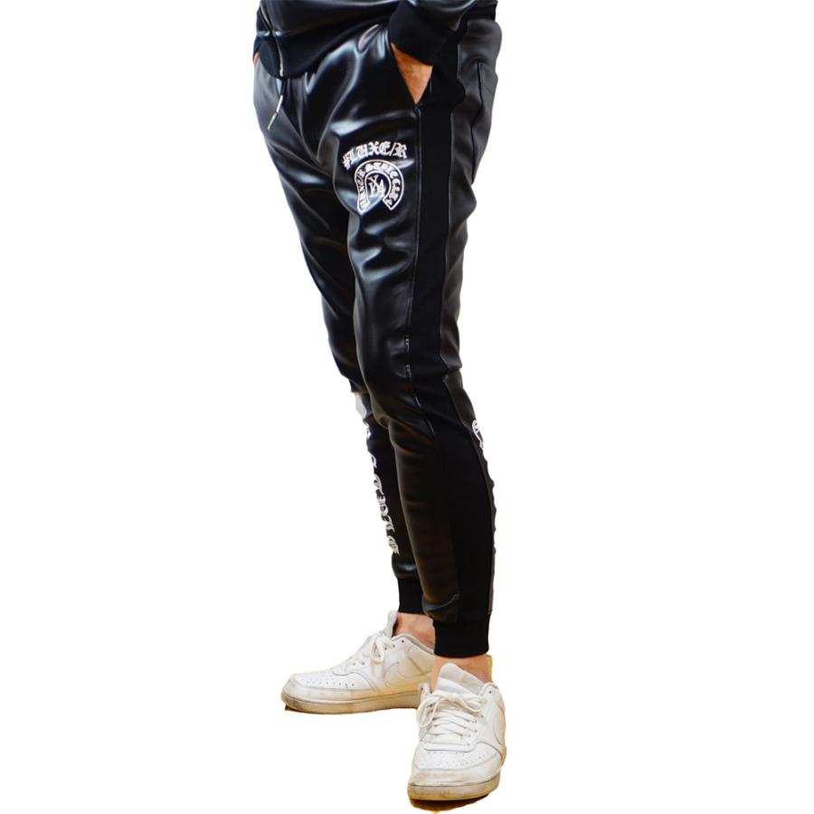 フェイクレザー PUレザー ジョガーパンツ メンズ レディース ストレッチ  刺繍 ロゴ LUXE/R ラグジュ 男女兼用 ユニセックス セットアップ可能 M L XL | LUXE/R | 01