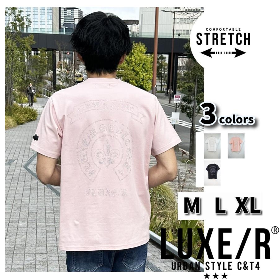 LUXE/R ラグジュ Tシャツ 半袖 メンズ レディース 男女兼用 ラインストーン ストレッチ ベア天竺 馬蹄形 クルーネック M L XL 2026夏 | LUXE/R