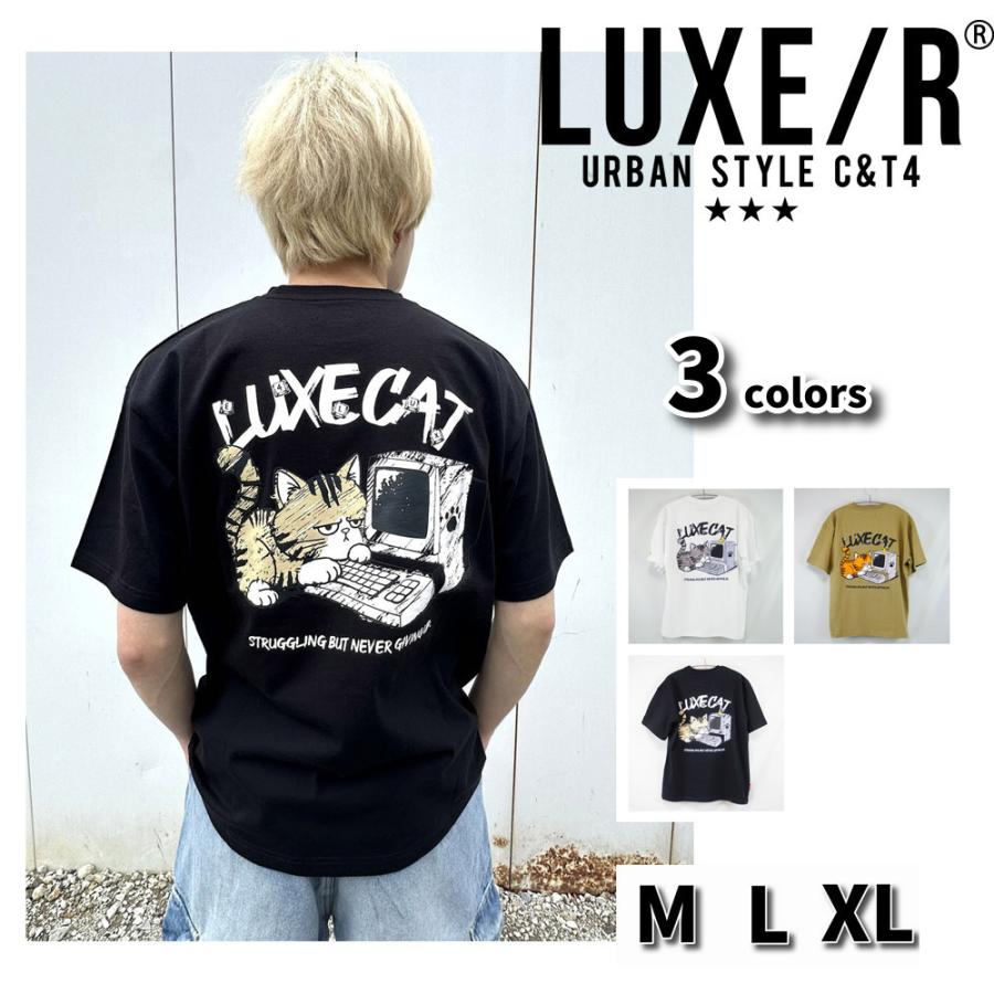 LUXE/R ラグジュ Tシャツ 半袖 メンズ レディース 男女兼用  ネコ パソコン プリント クルーネック M L XL 2026夏 コットン ヘビーウェイト | LUXE/R