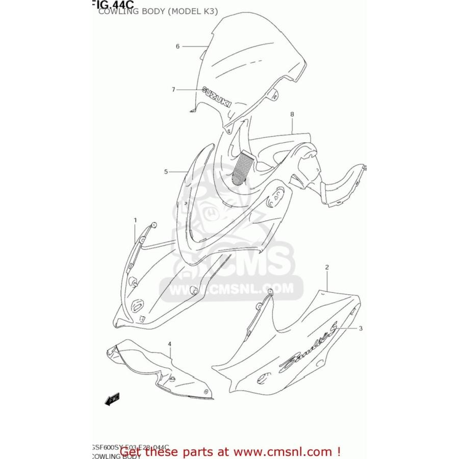 CMS シーエムエス COWLING ASSY，SIDE，L GSF600S BANDIT 2000 (Y) USA (E03) 2001 (K1) 2002 (K2) 2003 (K3) SUZUKI スズキ アッパーカウル・フロントカウル