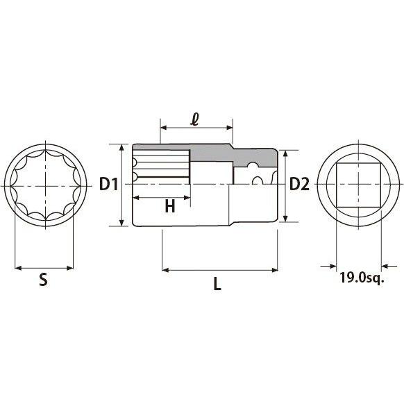 KTC ケイティーシー 19.0SQ ディープソケット(十二角) インパクトレンチ用ソケット類 ソケット ハンドツール_1