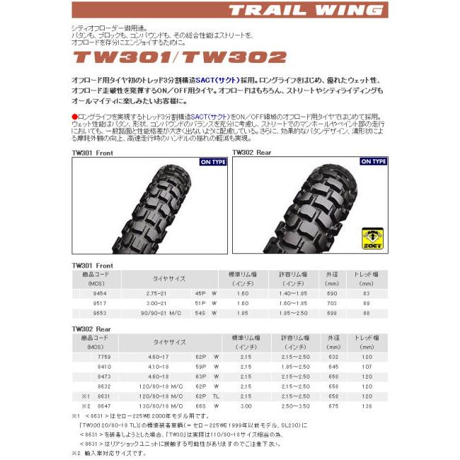 BRIDGESTONE ブリヂストン TRAIL WING TW302 【120/80-18 62P  W 】トレイルウイング タイヤ APRILIA アプリリア HONDA ホンダ YAMAHA ヤマハ オフロードタイヤ | BRIDGESTONE | 01