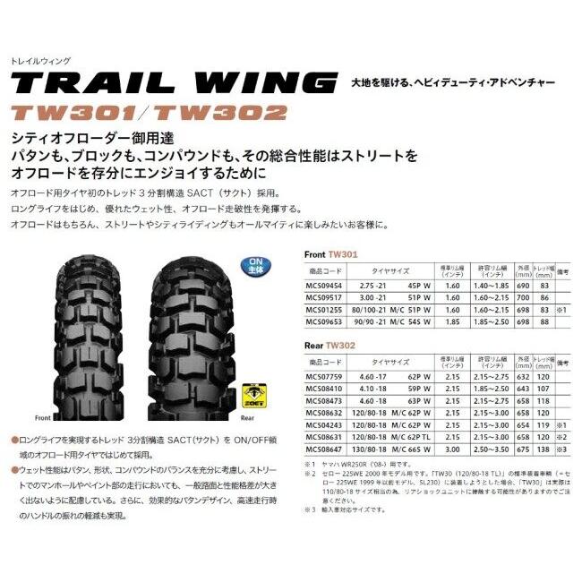 BRIDGESTONE ブリヂストン TRAIL WING TW302 【120/80-18 62P  W 】トレイルウイング タイヤ APRILIA アプリリア HONDA ホンダ YAMAHA ヤマハ オフロードタイヤ | BRIDGESTONE | 02