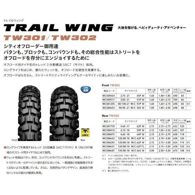 BRIDGESTONE ブリヂストン TRAIL WING TW302 【120/80-18 62P W】 トレイルウイング タイヤ オフロードタイヤ・トレール/デュアルパーパス オフロードタイヤ | BRIDGESTONE | 02