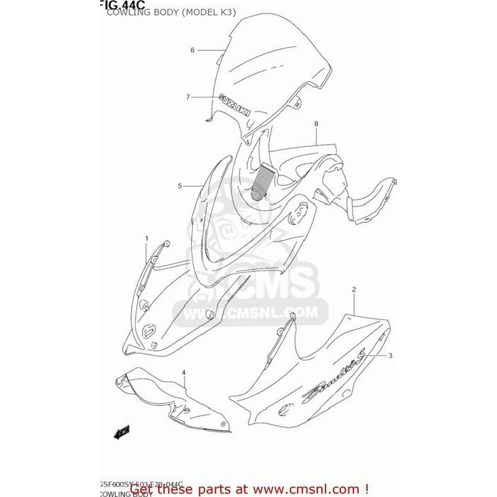 CMS シーエムエス COWLING ASSY，SIDE，L GSF600S BANDIT 2000 (Y) USA (E03) 2001 (K1) 2002 (K2) 2003 (K3) SUZUKI スズキ アッパーカウル・フロントカウル