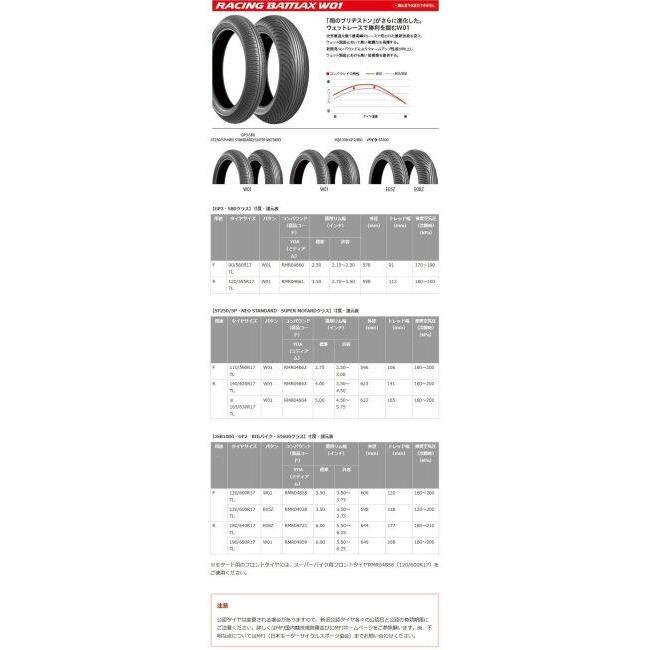 ブリヂストンレーシングレインW01前後セット　250クラスに最適 BRIDGESTONE（ブリヂストン） RACING BATTLAX W01 【110/590R17 TL