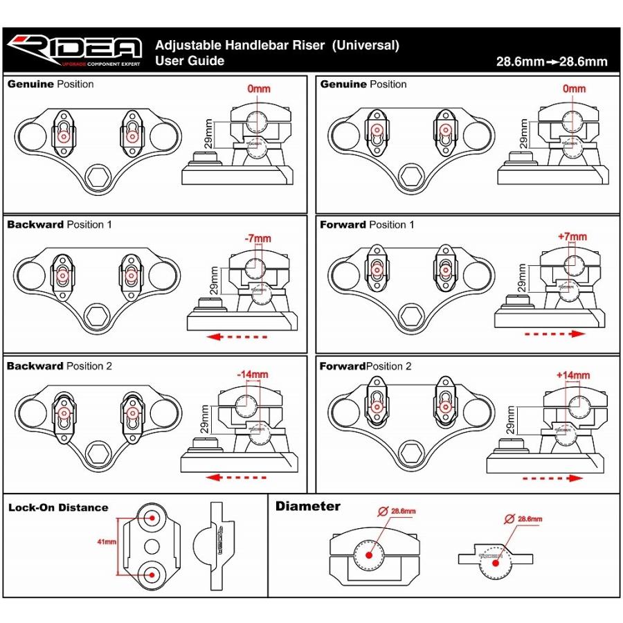 RIDEA リデア ハンドルライザー カラー:レッド GSX-S750 取付穴ピッチ41mmのテーパーハンドル(Φ28.6)用 SUZUKI スズキ  ハンドルポスト・ハンドルライザー | RIDEA | 02