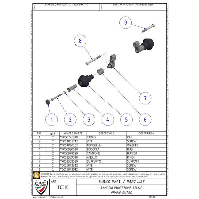 CNC Racing シーエヌシーレーシング エンジンスライダー Aprilia カラー：レッド RSV4 TUONO V4 1100 Factory Tuono RR 15-18 APRILIA アプリリア フレームの画像