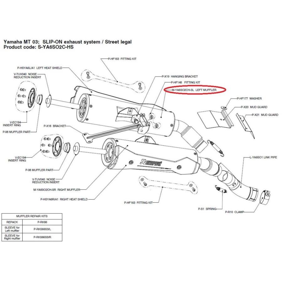 AKRAPOVIC アクラポビッチ 【リペアパーツ】M-YA6SO2CH-SL left muffler MT-03 (660) YAMAHA ヤマハ 補修・汎用サイレンサー マフラー