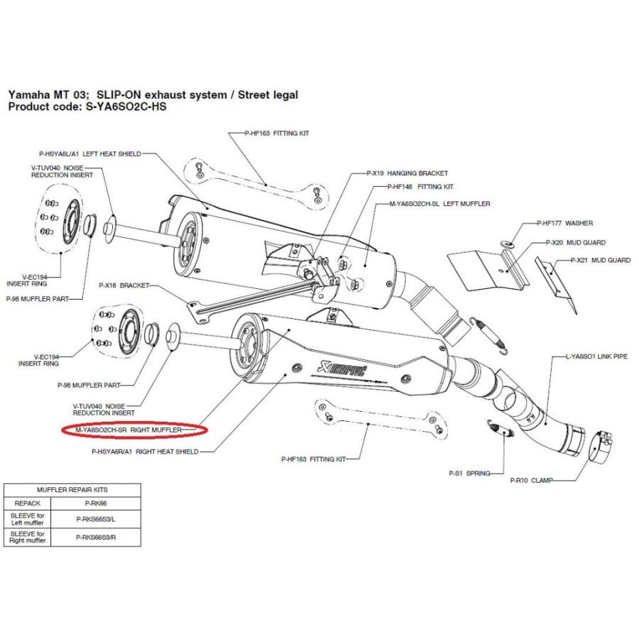AKRAPOVIC アクラポビッチ 【リペアパーツ】M-YA6SO2CH-SR right muffler MT-03 (660) YAMAHA ヤマハ 補修・汎用サイレンサー マフラー