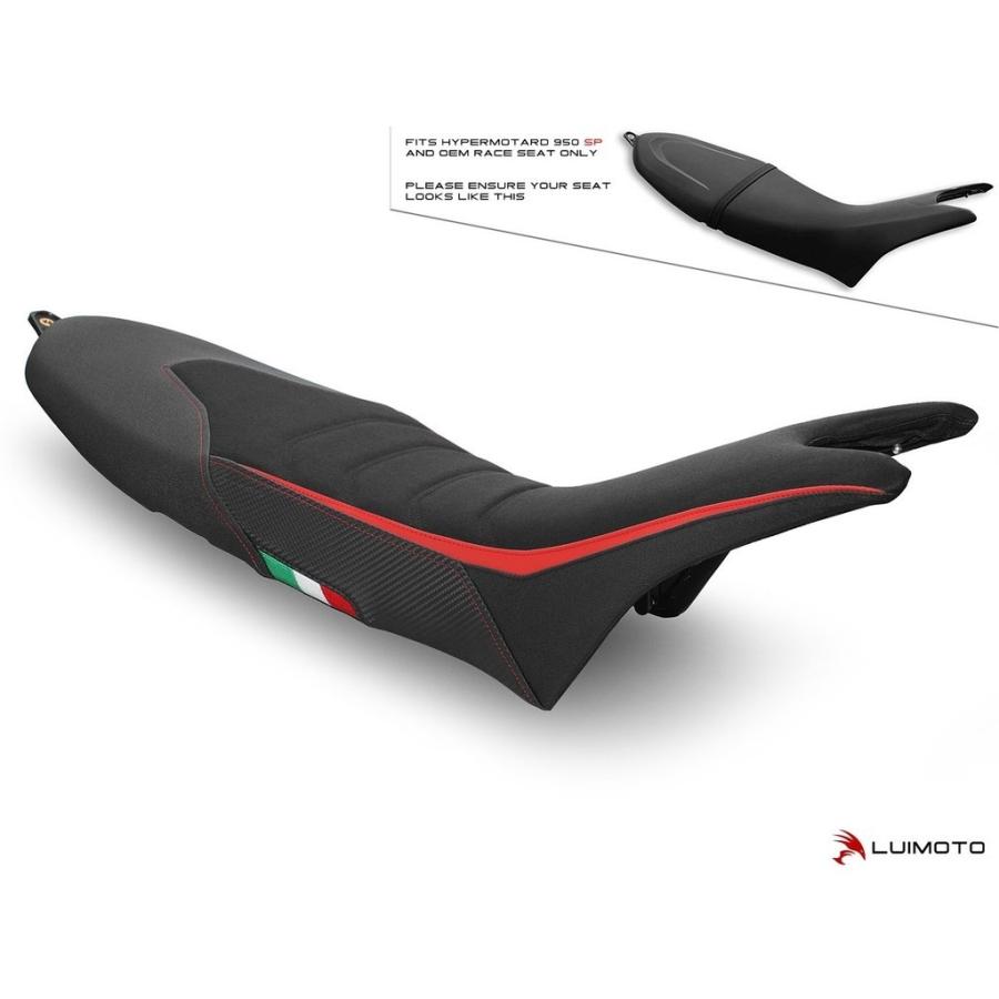 LUIMOTO ルイモト ダブルシート カラー：スウェード ブラック／TEC-GRIP／SP レッド／CF ブラック／レッドステッチ／イタリアンフラッグ HYPERMOTARD 外装