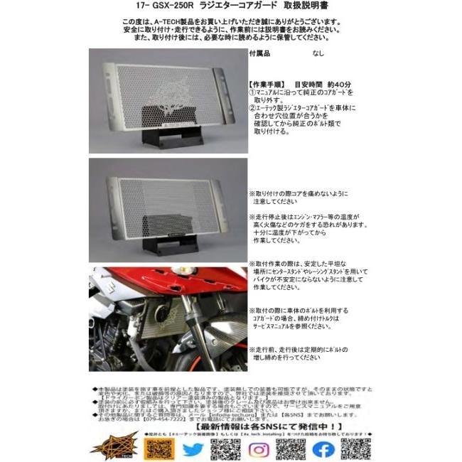 A-TECH エーテック ラジエターコアガード タイプ：タイプR形状 GSX250R SUZUKI スズキ ラジエーターコアガード・オイルクーラーコアガード 冷却関連 エンジンの画像