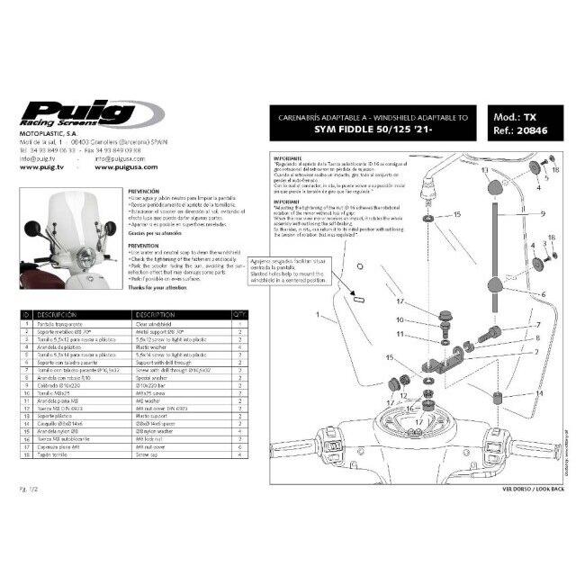 Puig プーチ ウインドシールド T.X.(Windshield T.X.) FIDDLE 125 IE 4T AC LC 50 SYM スクリーン 外装の画像