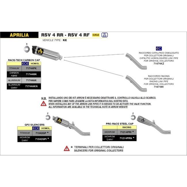 ARROW アロー レーシング スチールリンクパイプ RSV 4 RR RF TUONO V4 1100 FACTORY APRILIA アプリリア エキゾーストパイプ マフラーの画像