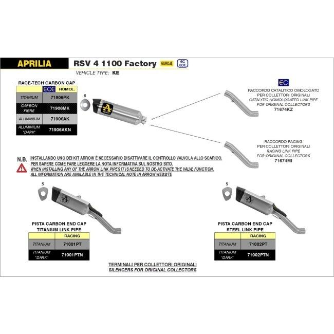 ARROW アロー レーシング スチールリンクパイプ RSV 4 RR RF TUONO V4 1100 FACTORY APRILIA アプリリア エキゾーストパイプ マフラーの画像
