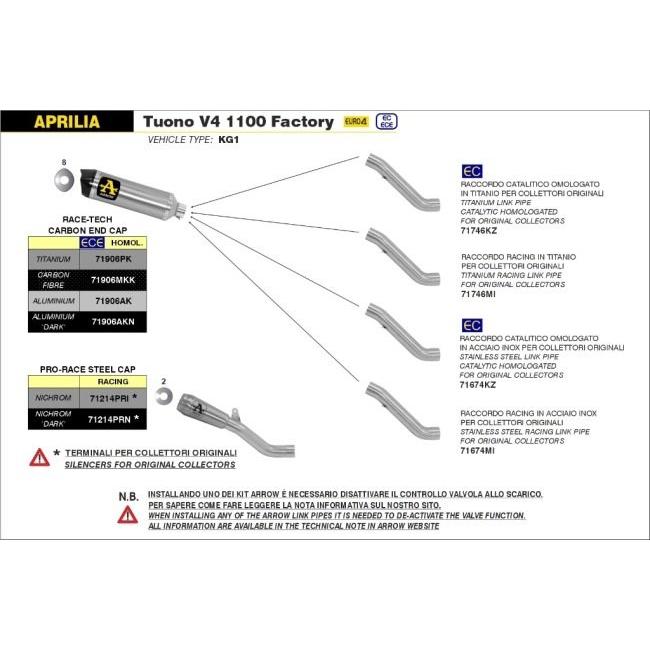 ARROW アロー レーシング スチールリンクパイプ RSV 4 RR RF TUONO V4 1100 FACTORY APRILIA アプリリア エキゾーストパイプ マフラーの画像