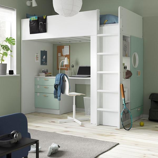 [IKEA/イケア/通販]SMASTAD スモースタードロフトベッド, ホワイト ライトグリーン/デスク付き 引き……[21](29557692) |  | 01