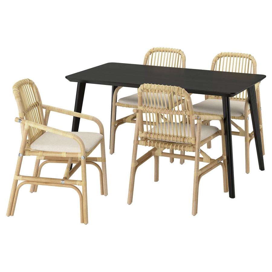 [IKEA/イケア/通販]LISABO リーサボー / SALNO サールノー テーブル＆アームレスト付きチェア 4脚, ブラック 籐/グランセル ナチュラル, 140x78 cm[9](29564616) | 
