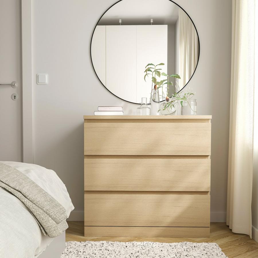 至急【11/3まで】IKEA MALM タンス　チェスト　ドロワー　棚 MALM マルム チェスト（引き出し×3）, ホワイトステインオーク材突き板