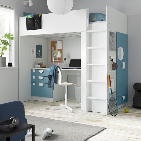 [IKEA/イケア/通販]SMASTAD スモースタードロフトベッド, ホワイト ブルー/デスク付き 引き出し4段付……[21](39557696) |  | 01