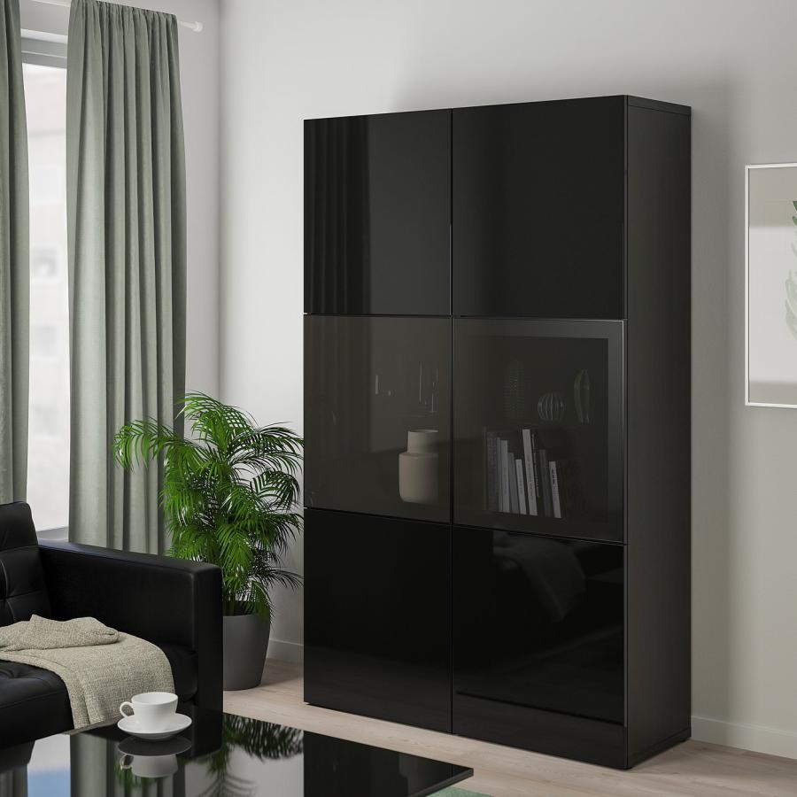 [IKEA/イケア/通販]BESTA ベストー 収納コンビネーション ガラス扉付き, ブラックブラウン/セルスヴィーケン ハイグロス/ブラックスモークガラス, 120x42x193 cm |  | 03