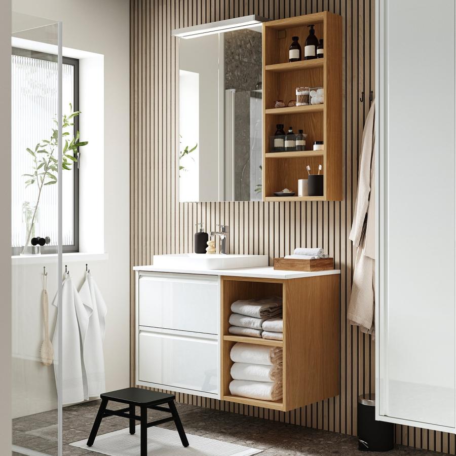 [IKEA/イケア/通販]ANGSJON エングショーン / BACKSJON バックショーン 洗面台/洗面ボウル/水栓, ハイグロスホワイト/オーク調/ホワイト 大理石調, 102x49x71 cm |  | 01