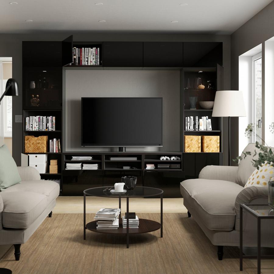 [IKEA/イケア/通販]BESTA ベストー テレビボード/ガラス扉, ブラックブラウン/セルスヴィーケン ハイグロス/ブラックスモークガラス, 300x42x231 cm[37](6941105 |  | 01