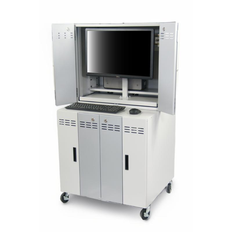 セキュリティラック デスク 在宅 モニター PC 収納ケース ホコリ 排熱 フィルター ファン 埃 盗難防止鍵付き ワゴン組付け可能の画像