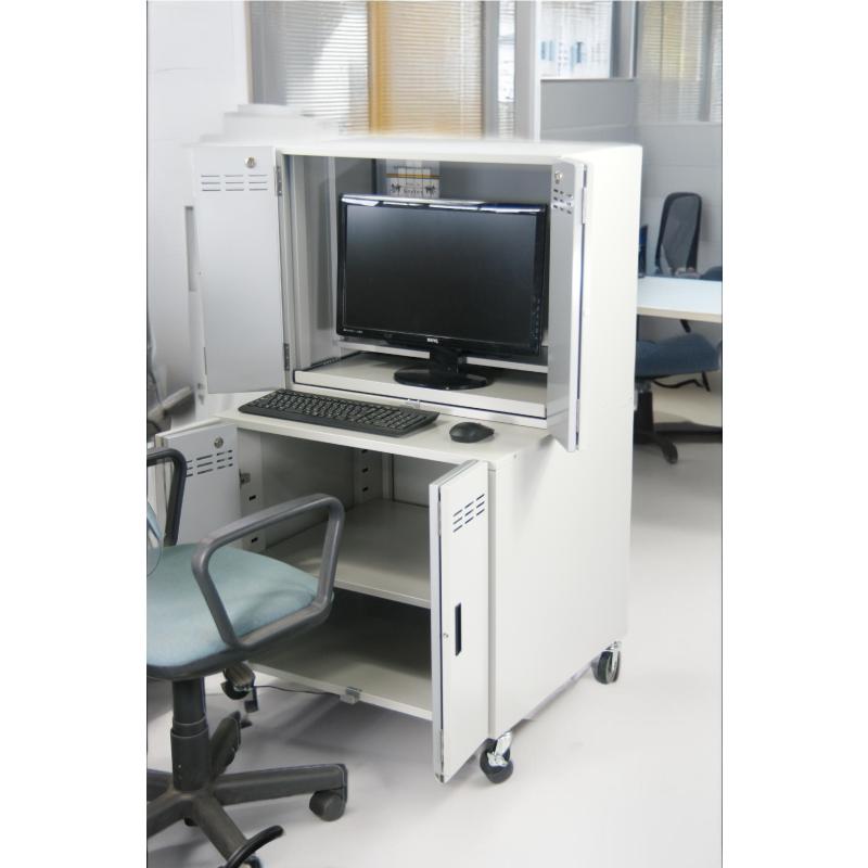 セキュリティラック デスク 在宅 モニター PC 収納ケース ホコリ 排熱 フィルター ファン 埃 盗難防止鍵付き ワゴン組付け可能の画像