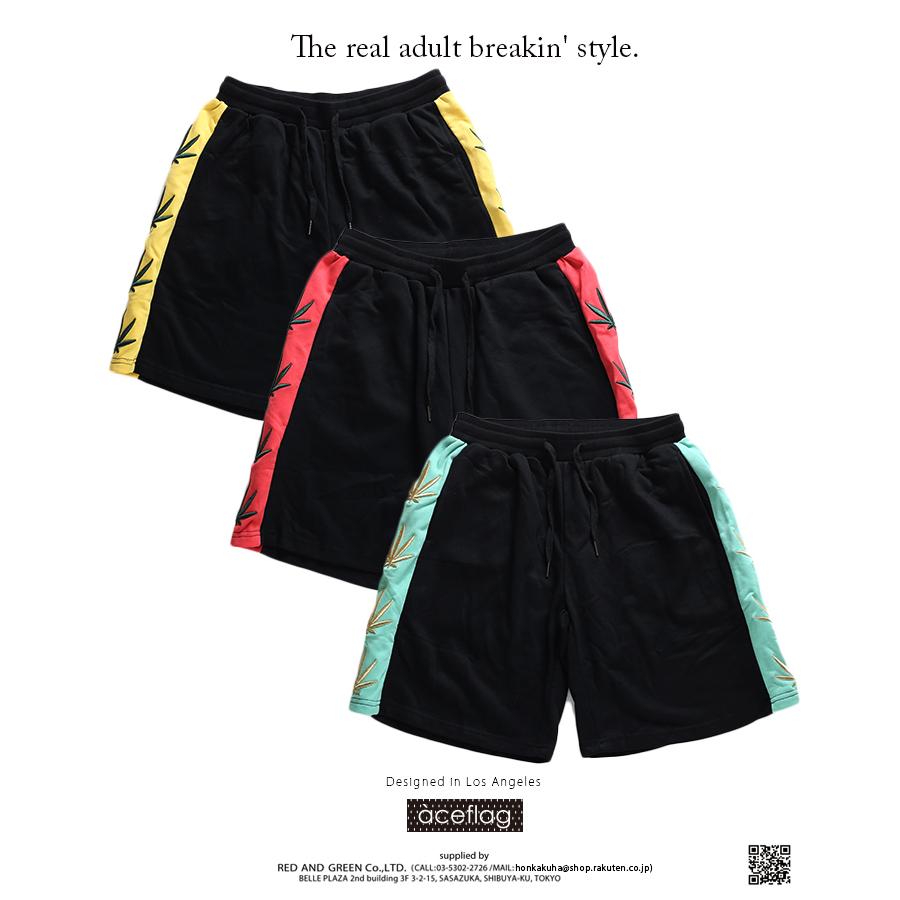 エースフラッグ Aceflag ハーフパンツ メンズ レディース ショートパンツ 半ズボン かっこいい スウェット ライン ヘンプ マリファナ刺繍 黒 大きいサイズ 本格派大人のb系xlダンス通販 通販 Yahoo ショッピング