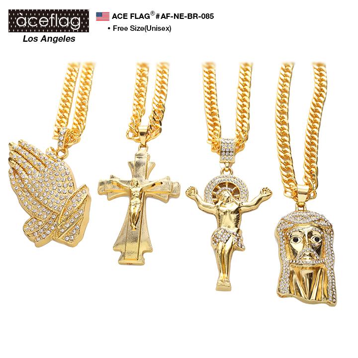 1年保証 エースフラッグ Aceflag ネックレス チェーン 75cm ロング ブリンブリン ゴールド 高品質 ペンダント 祈りの手 十字架 キリスト ダイヤモンドカット