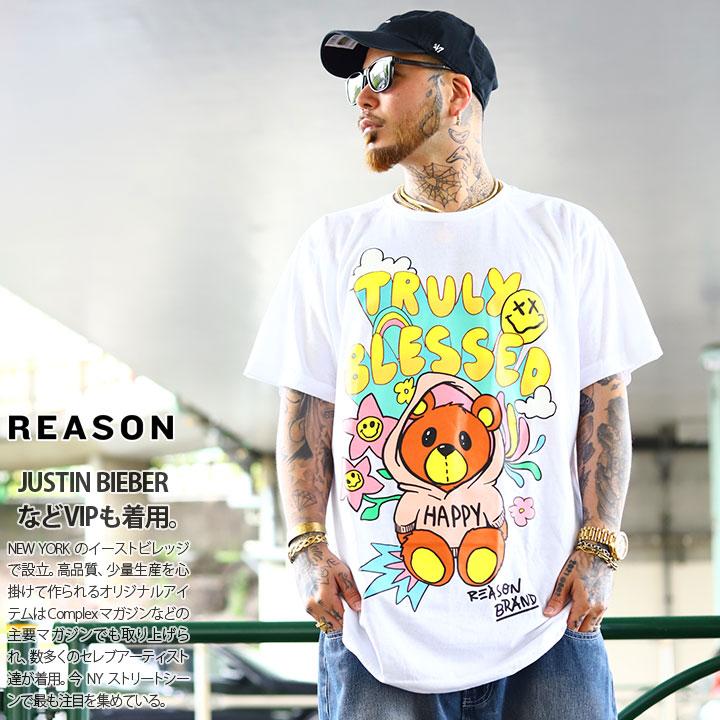 リーズン Reason Tシャツ 半袖 ポップアート 大きいサイズ かっこいい おしゃれ ライン 袖ロゴ カートゥーン アメコミ アニメ 犬キャラクター 刺繍 ゆったり 贈答品