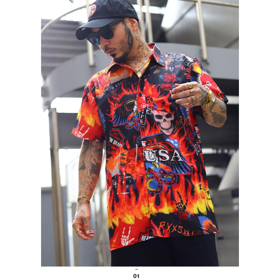 リーズン Reason 半袖シャツ アロハシャツ 柄シャツ 総柄 大きいサイズ かっこいい おしゃれ ファイヤーパターン ヘビ イーグル スカル バイカー 本格派大人のb系xl 零zero 通販 Yahoo ショッピング