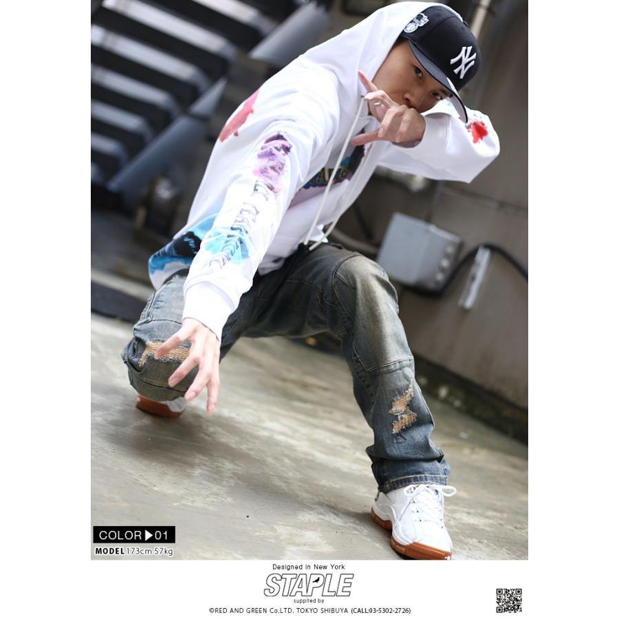 ステイプル Staple フードパーカー スウェット 長袖 メンズ 大きいサイズ B系 かっこいい おしゃれ 高彩度 水彩画風ペイント 刺繍 袖プリントビッグシルエット 本格派大人のb系xlダンス通販 通販 Yahoo ショッピング