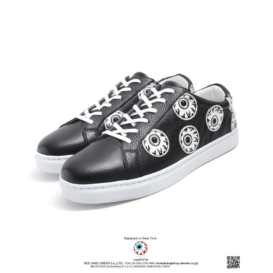 在庫限りッ アウトレット ミシカ Mishka スニーカー ローカット 靴 シューズ メンズ 黒 26 29cm 牛革 レザー Keepwatch キープウォッチ 目玉デザイン 人気キャラクター 総柄 ワッペン 切替 モード ダンス スケート ロック バンド系 B系 ヒップホップ ストリート系
