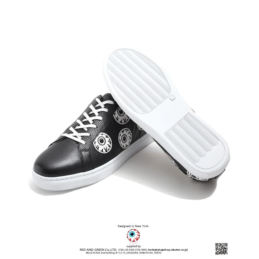 在庫限りッ アウトレット ミシカ Mishka スニーカー ローカット 靴 シューズ メンズ 黒 26 29cm 牛革 レザー Keepwatch キープウォッチ 目玉デザイン 人気キャラクター 総柄 ワッペン 切替 モード ダンス スケート ロック バンド系 B系 ヒップホップ ストリート系
