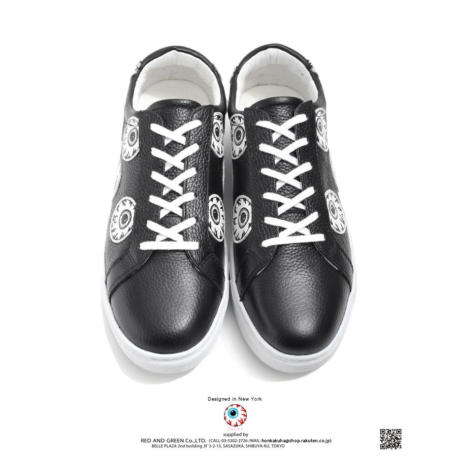 在庫限りッ アウトレット ミシカ Mishka スニーカー ローカット 靴 シューズ メンズ 黒 26 29cm 牛革 レザー Keepwatch キープウォッチ 目玉デザイン 人気キャラクター 総柄 ワッペン 切替 モード ダンス スケート ロック バンド系 B系 ヒップホップ ストリート系