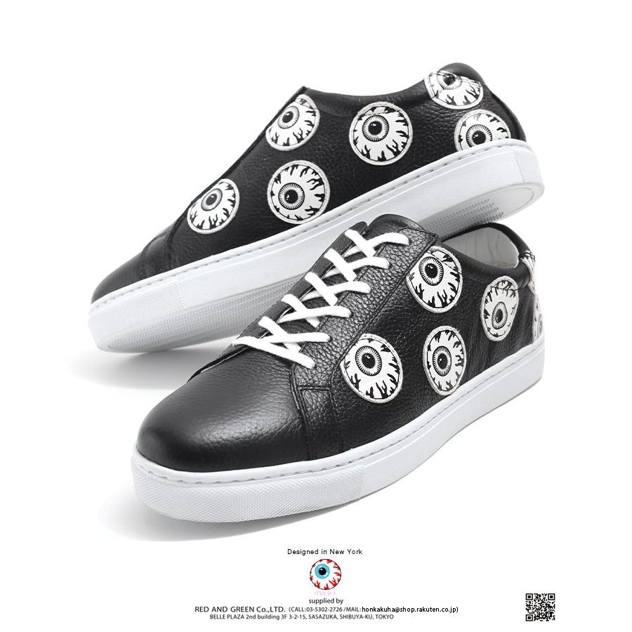 在庫限りッ アウトレット ミシカ Mishka スニーカー ローカット 靴 シューズ メンズ 黒 26 29cm 牛革 レザー Keepwatch キープウォッチ 目玉デザイン 人気キャラクター 総柄 ワッペン 切替 モード ダンス スケート ロック バンド系 B系 ヒップホップ ストリート系