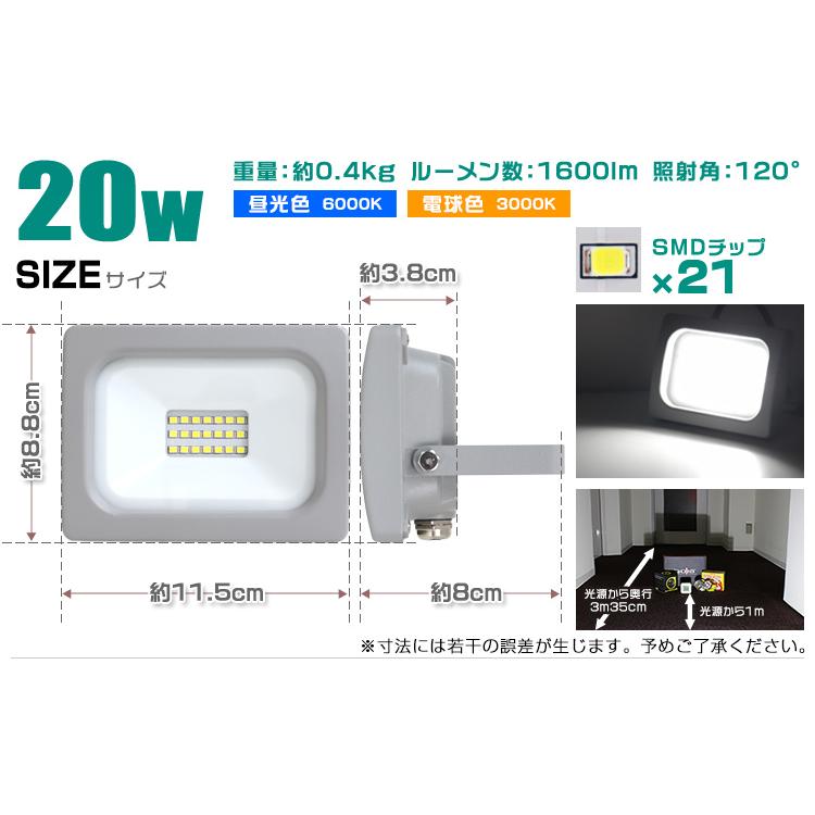 LED投光器 20W 防水 LEDライト 作業灯 防犯灯 ワークライト 広角120度 看板照明 屋外 ガレージ 昼光色 電球色 薄型 防塵｜weimall｜14