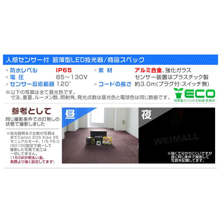 LED投光器 人感センサー 20W 200W相当 センサーライト 作業灯 防犯 広角 防水 広角120度 3mコード付 昼光色 電球色 | WEIMALL | 12