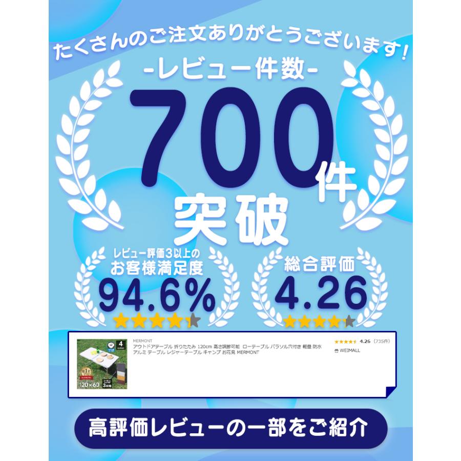 アウトドアテーブル 折りたたみ 120cm 高さ調節可能  ローテーブル パラソル穴付き 軽量 防水 アルミ テーブル レジャーテーブル キャンプ お花見 MERMONT | MERMONT | 06