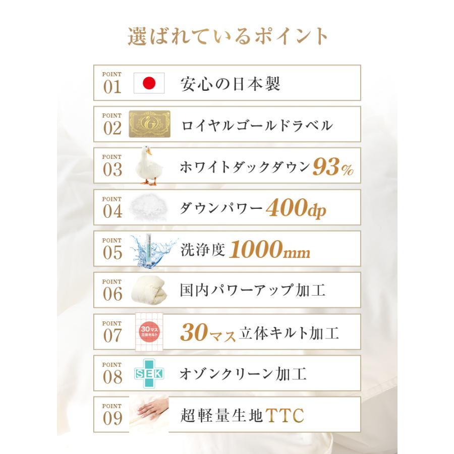 掛け布団 羽毛布団 ダブル 日本製 ホワイトダックダウン93% 羽毛ロイヤルゴールドラベル GFマーク 暖かい 冬 抗菌 防臭 防カビ 無地 布団 ふとん 寝具｜weimall｜06