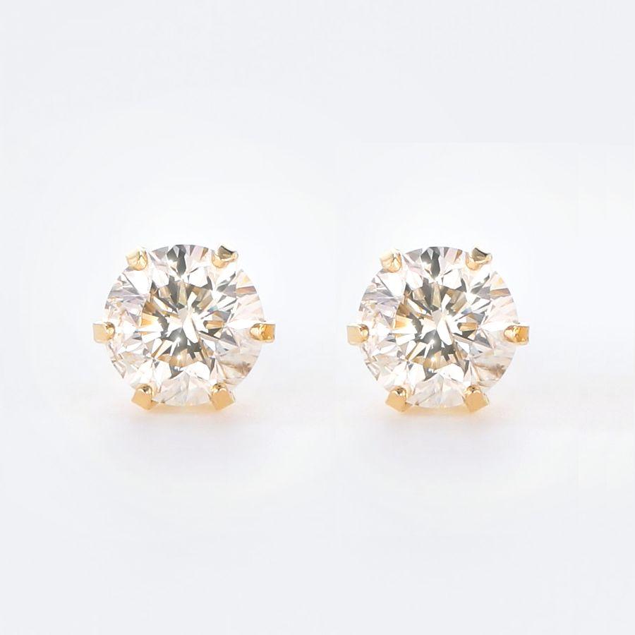 ダイヤモンド ピアス 一粒 K18イエローゴールド トータル1.0ct 薄いブラウンカラー VSクラス VERY GOODカット 50代 40代 シンプル 記念日 誕生日 プレゼントの画像