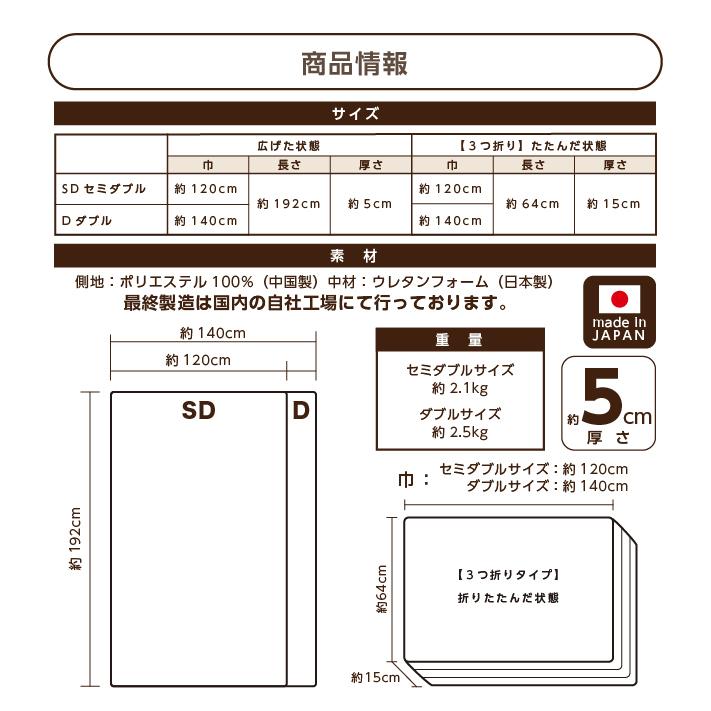 マットレス セミダブル マットレストッパー 折りたたみ 三つ折り 厚さ 5cm 軽量  腰痛 《バランスSD》｜well808｜11