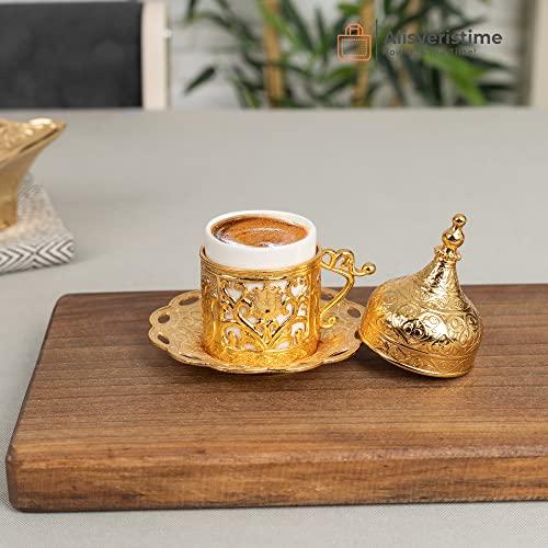 返金保証付 Alisveristime Ottoman Turkish Arabic Espresso Coffee Cups with Saucer and Lid (2個セット) (Lale) (ゴールド)