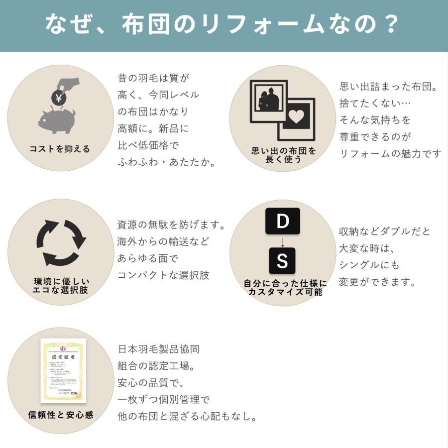 羽毛布団 打ち直し リフォーム シングル→シングル 綿100% 羽毛布団リフォーム 布団打ち直し 足し羽毛 羽毛ふとん クリーニング ダック 布団 買い替え 修理 爆買_3