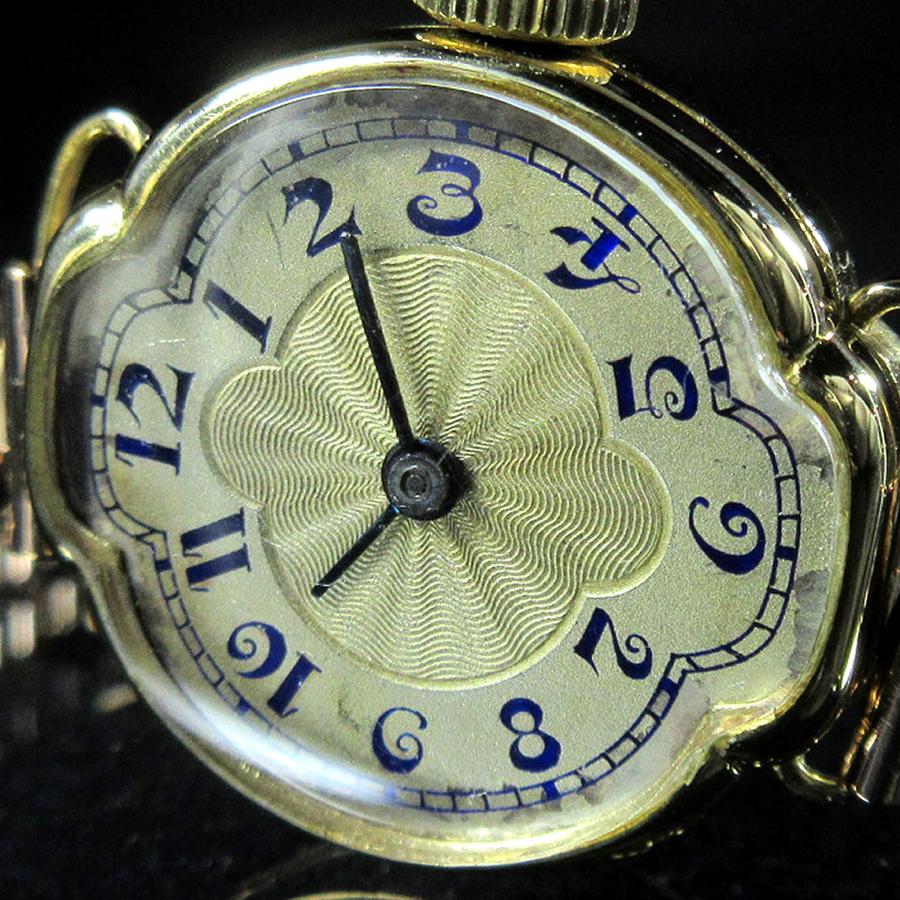 1925年 英国 アンティーク 18金 シャンパンギョーシェ ブルーエナメル アラビア 21mmケース レディース 手巻 時計 A49の画像