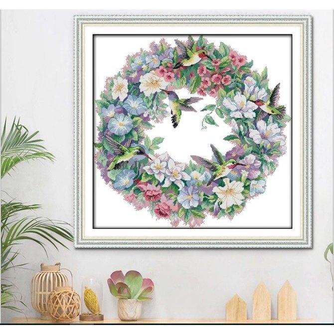 クロスステッチ 花鳥の幸運 花輪 図案印刷 クリスマス リース 手芸