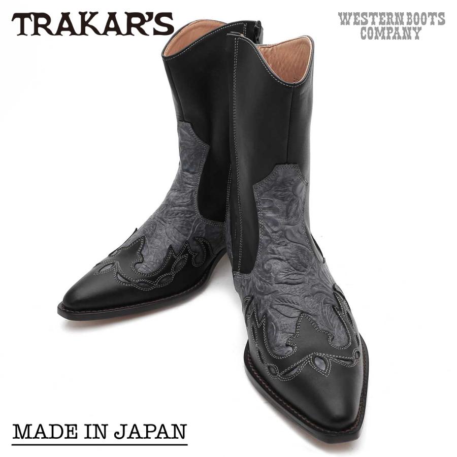 トラッカーズ　ウエスタンブーツ　T-505 本革　日本製　ブラック TRAKAR'S T-505 ブラックレザー×ブラックフラワー（型押し） 本革