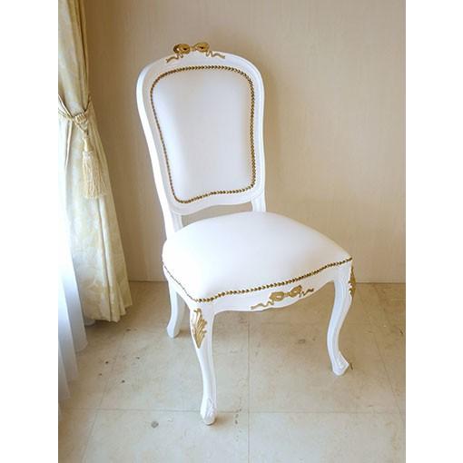 輸入 オーダー家具 ラ・シェル ダイニングチェア オードリーリボンの彫刻 スーパーホワイトグロス\u0026ゴールド色 ホワイト合皮 ゴールド鋲打ち仕上げ